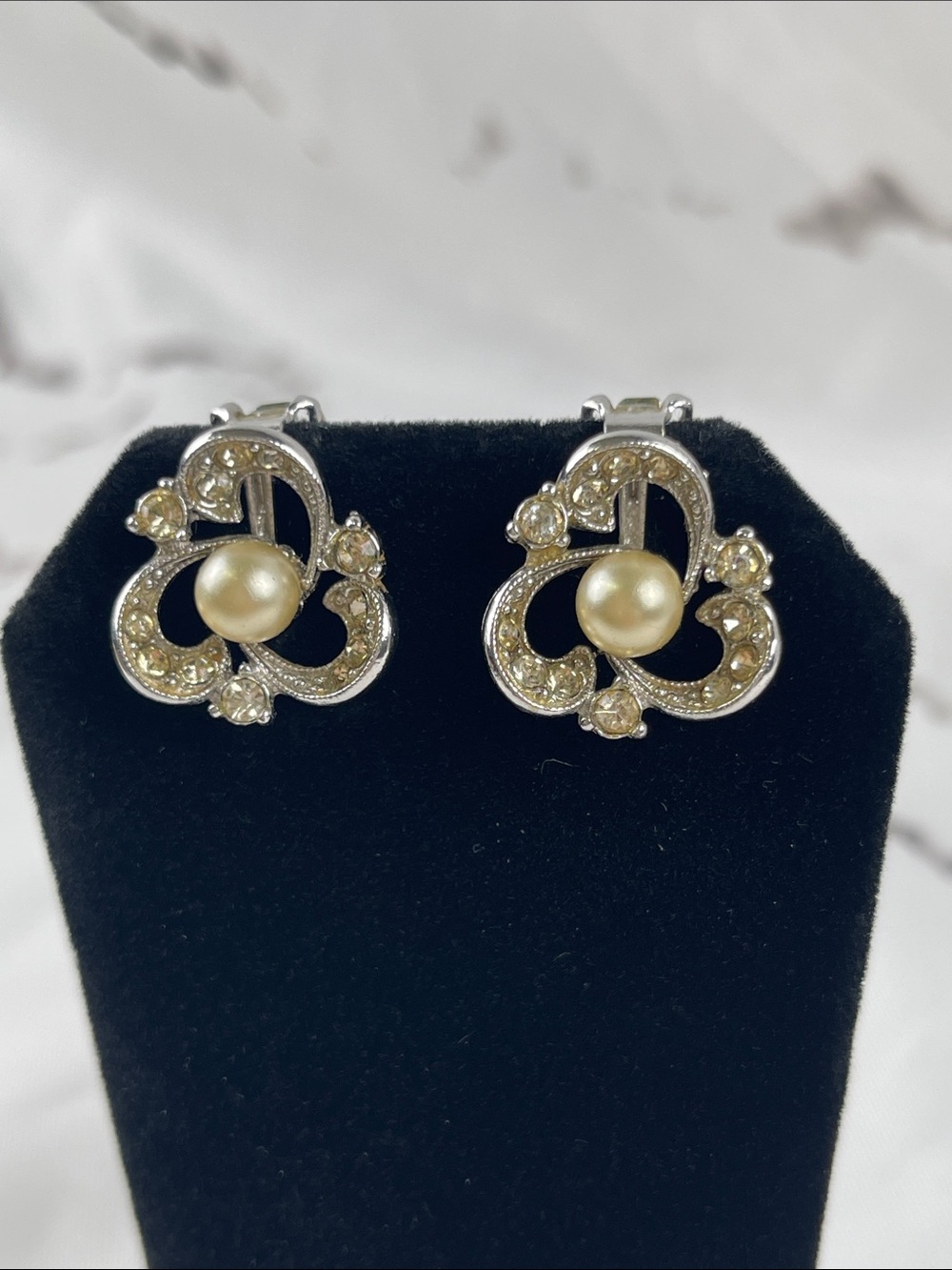Bogoff Vintage Clip Earrings Central Pearl Faux Rhinestone Accent on Silvertone